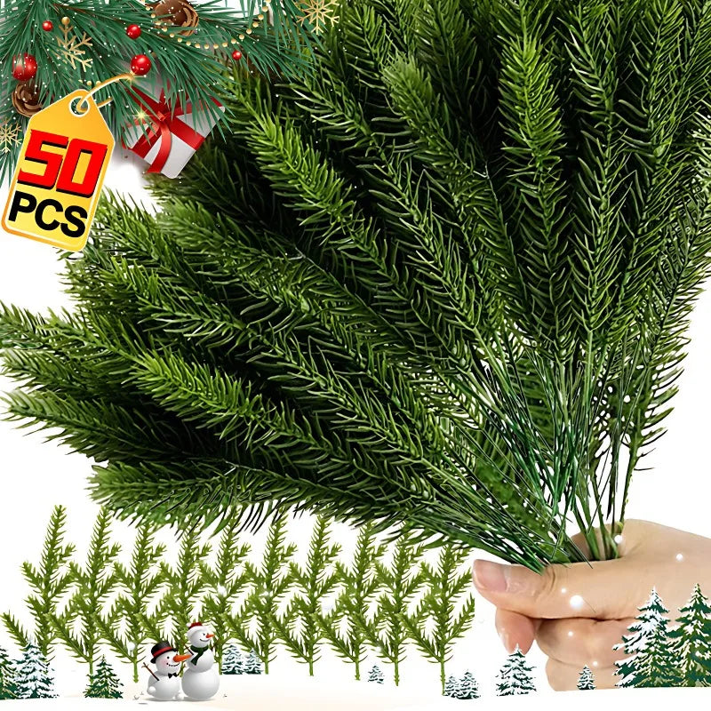 Christmas artificial pine branches with fake pine needles for Xmas tree, wreath, gift box, and wedding decorations