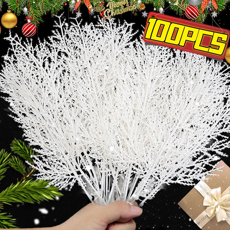 Christmas artificial pine needles branches, white fake pine branches for plants, party wreaths, DIY, and New Year table decor
