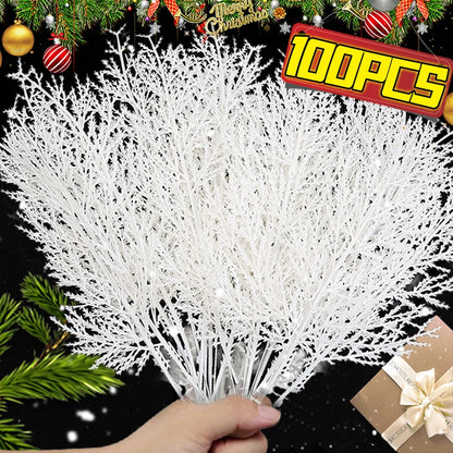 Christmas artificial pine needles branches, white fake pine branches for plants, party wreaths, DIY, and New Year table decor