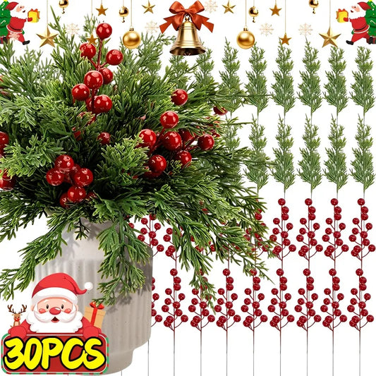 30/1PCS Christmas decoration artificial pine branches with holly berries, red berry branches for Christmas tree, wreath, and gift decoration