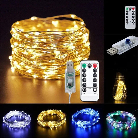 Christmas holiday fairy LED string lights, USB powered, 5M/10M/20M/30M, 8 lighting modes with remote control for wedding, party, and New Year decor