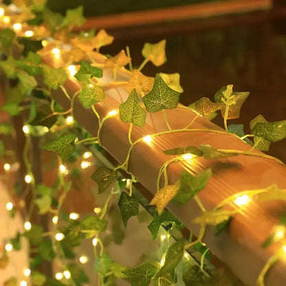 Solar vine string lights with LED green fairy lights and pothos leaves, decorative lighting for Christmas and home walls