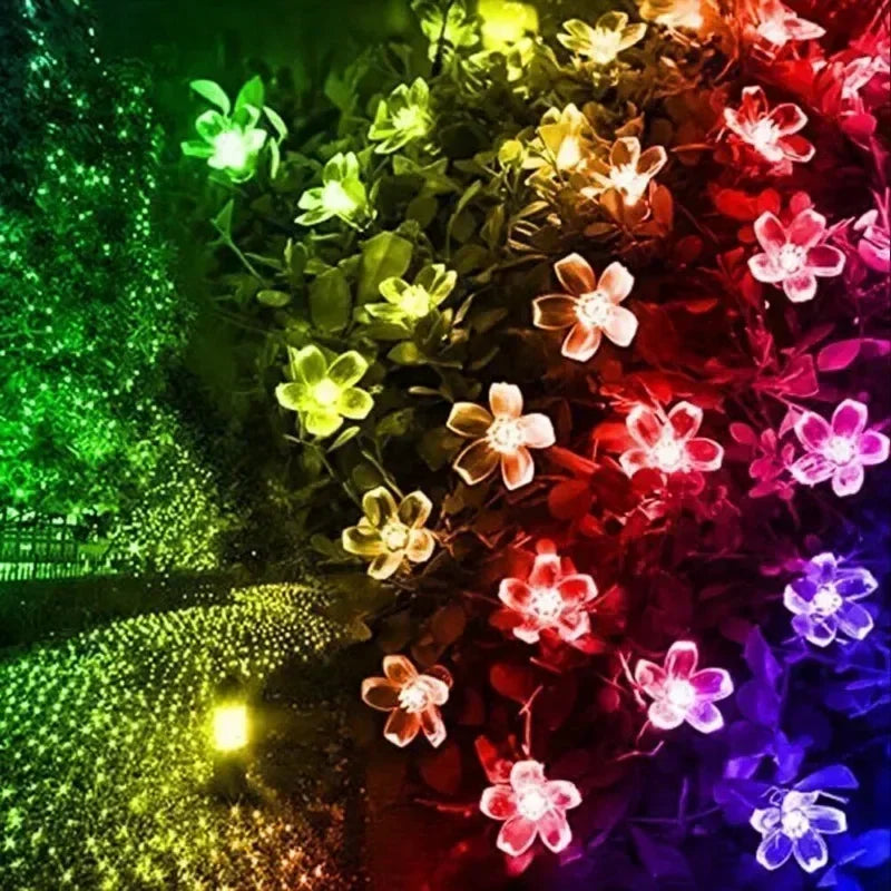 Peach blossom cherry LED lamp string lights, solar Sakura fairy lights for Christmas, wedding, party, and garden decoration