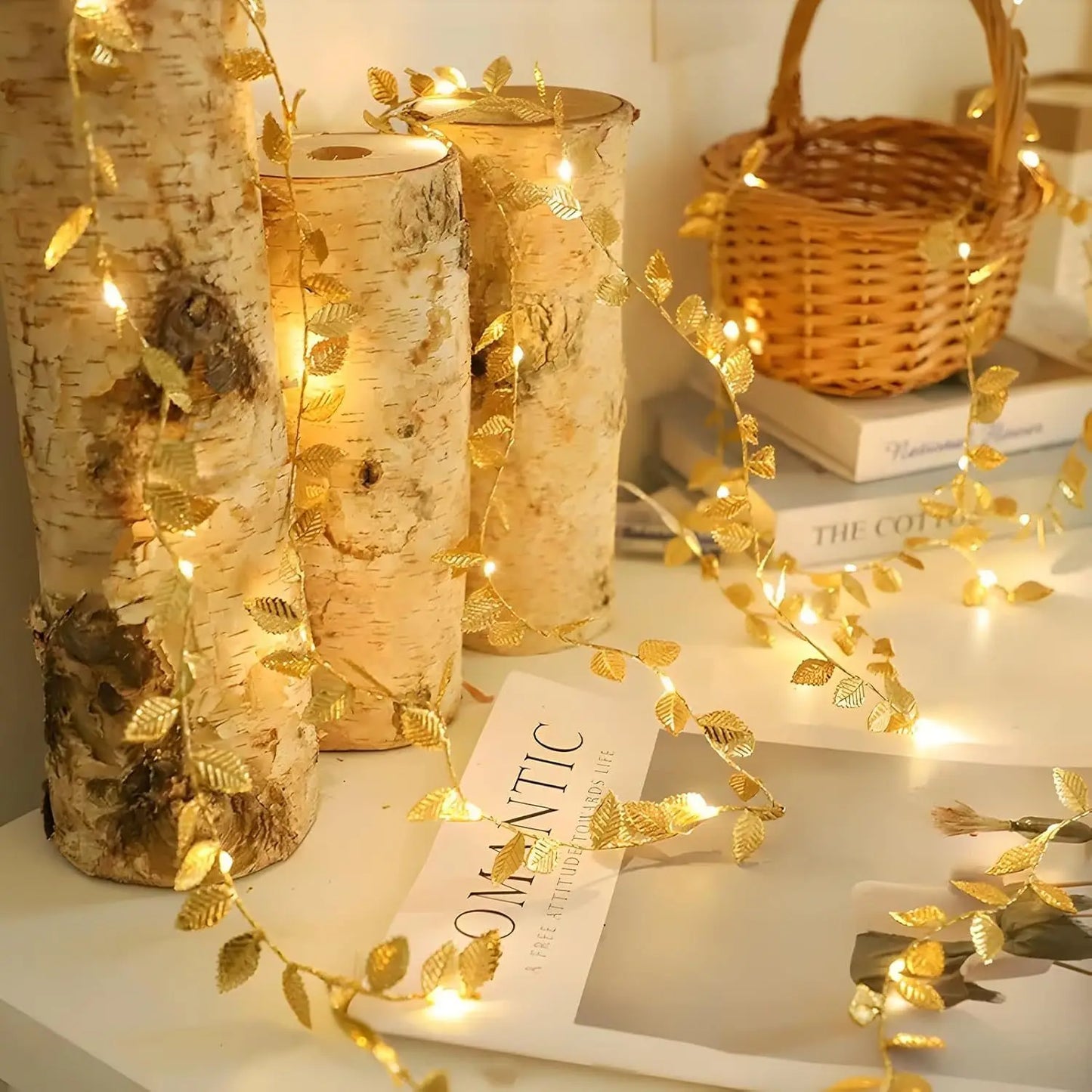 Golden leaves LED string lights for Christmas, wedding, and party decoration, battery operated