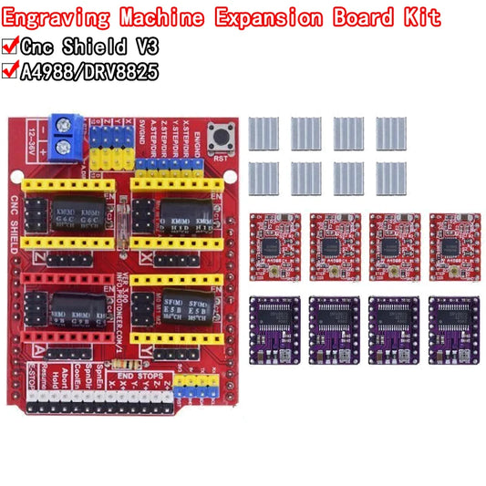 CNC Shield V3 expansion board for engraving machines and 3D printers, compatible with A4988 and DRV8825 stepper motor drivers, ideal for DIY CNC and 3D printer projects