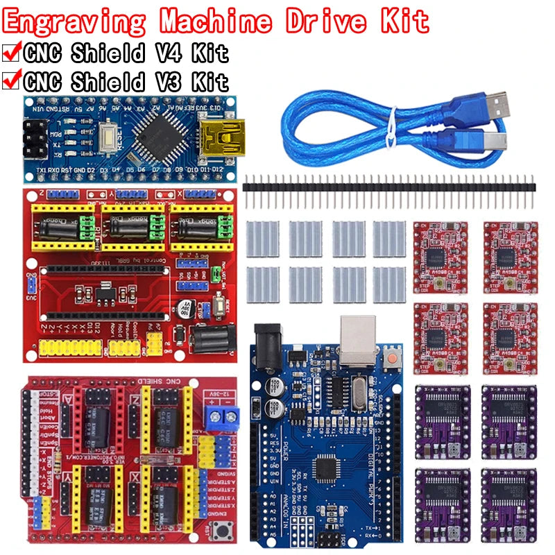 CNC Shield V3/V4 expansion board kit with 4pcs DRV8825/A4988 stepper drivers for Arduino NANO and UNO R3, including USB cable