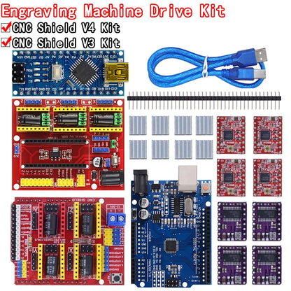 CNC Shield V3/V4 expansion board kit with 4pcs DRV8825/A4988 stepper drivers for Arduino NANO and UNO R3, including USB cable