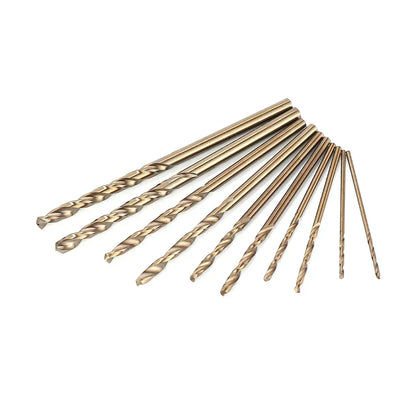 HSS M35 cobalt drill bits showing sizes 1mm, 1.5mm, 2mm, 2.5mm, 3mm for stainless steel drilling
