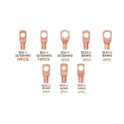Copper terminal connectors kit 60/100/130PCS, AWG 4 6 8 10 12 ring lug kit with shrink tubing and 50 battery cable lugs