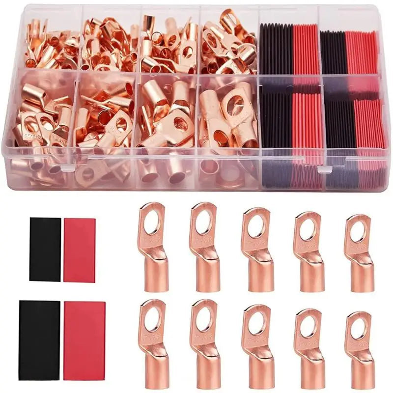 Detailed view of copper ring lug terminal connectors with shrink tubing for AWG 4-12