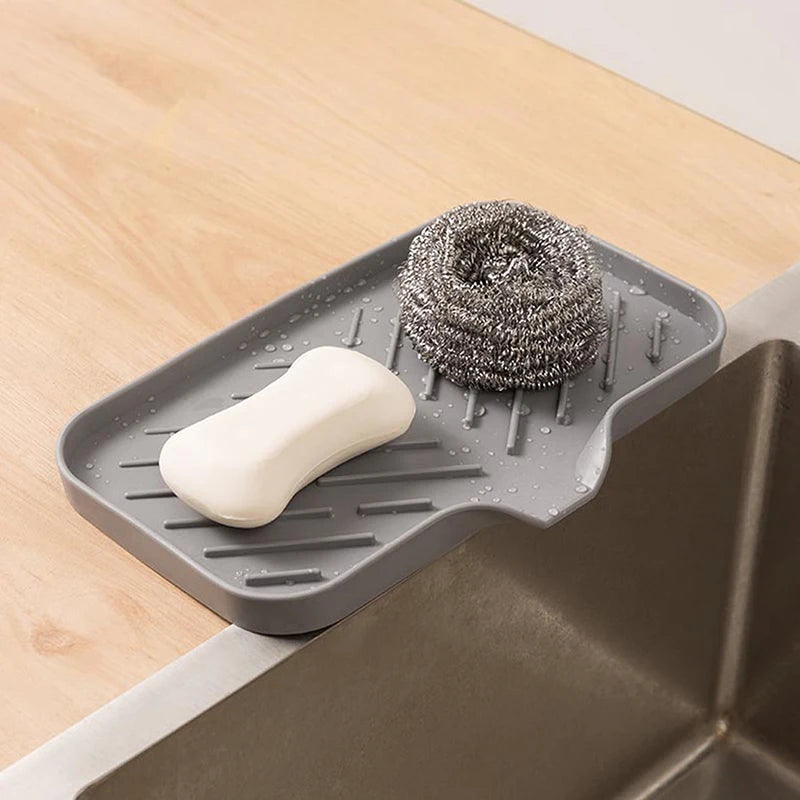 Faucet mat with soap tray and sponge drain pad, prevents sink splash and organizes countertop items