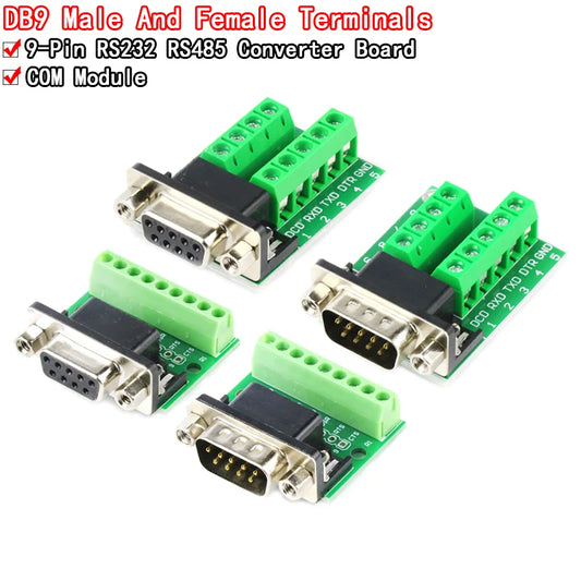 D-Sub 9-pin DB9 RS232 serial to terminal adapter connector breakout board, female and male, black and green, ideal for DIY electronics and prototyping