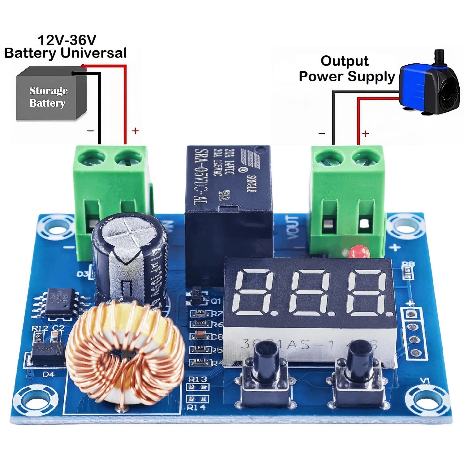 DC 12V-36V charger module with digital LED display and over-discharge protection for lithium battery modules and DIY electronics projects