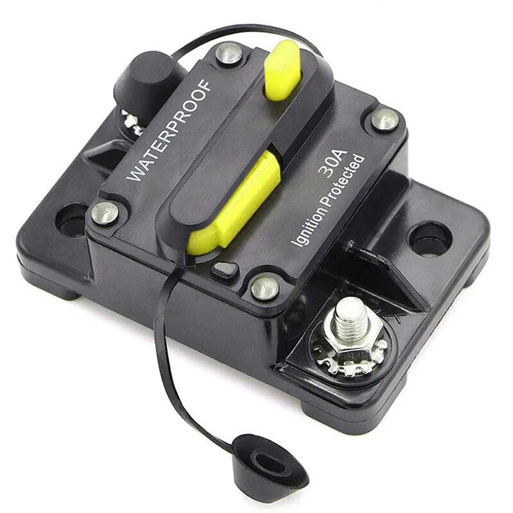 Close-up of 12V–48V DC car and boat circuit breaker fuse reset switch, waterproof design