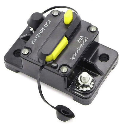 Close-up of 12V–48V DC car and boat circuit breaker fuse reset switch, waterproof design