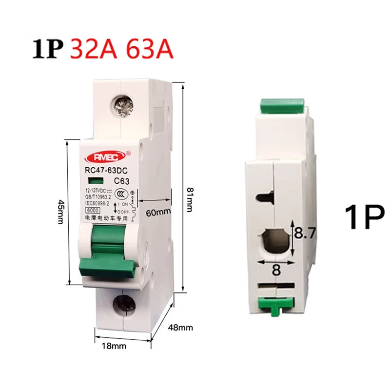 32A–63A DC circuit breaker showing internal structure and protection mechanism