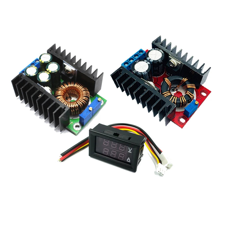 DC-DC adjustable boost and buck converter module, 0-100V input/output, 10A max, dual digital voltmeter and ammeter display, ideal for DIY power supply and electronics projects