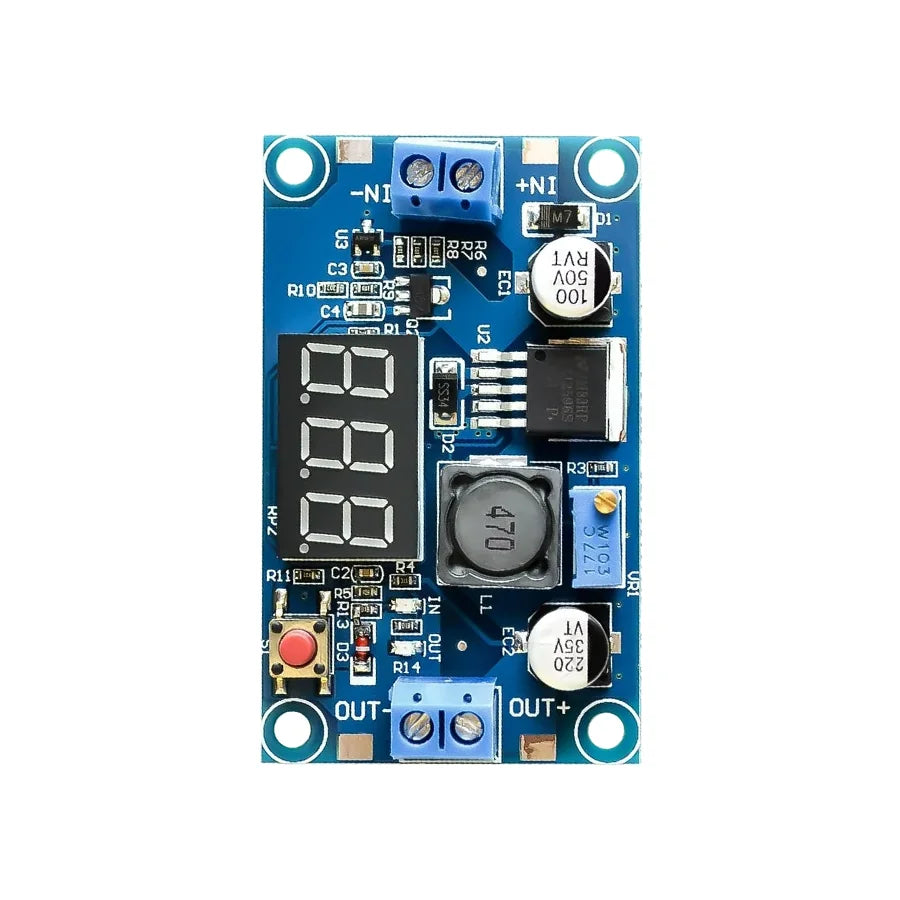 DC-DC buck converter power supply with 4-40V input, adjustable 1.25-37V output, and LED voltmeter display for electronics projects