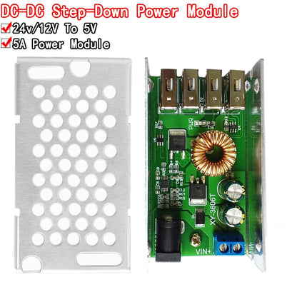 DC-DC step down buck converter module, 9V-36V input to 5V 5A output, 4 USB ports, aluminum shell, ideal for phone charging, DIY power supply, and electronics projects