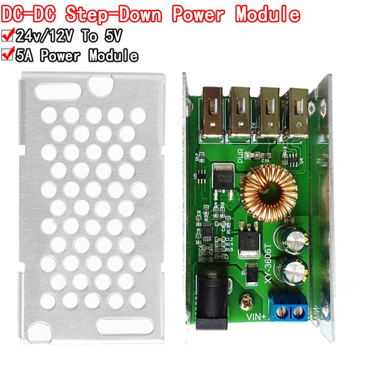DC-DC step down buck converter module, 9V-36V input to 5V 5A output, 4 USB ports, aluminum shell, ideal for phone charging, DIY power supply, and electronics projects