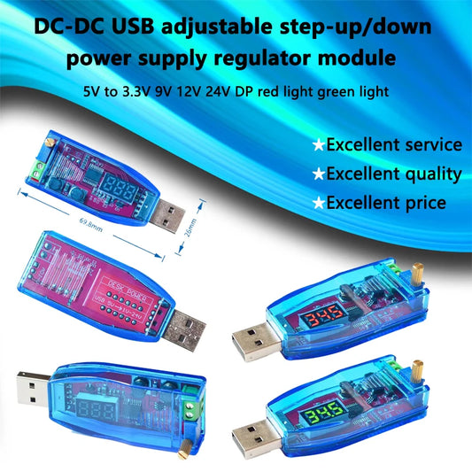 DC-DC USB adjustable step-up and step-down voltage regulator module, supports 3.3V, 5V, 9V, 12V, 24V output, with red display for DIY electronics projects