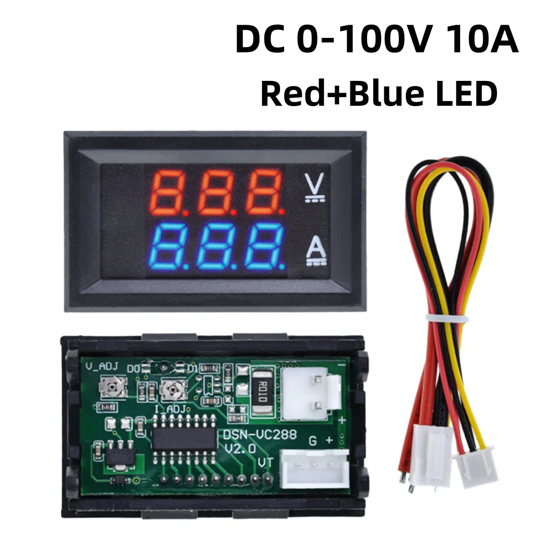 DC digital voltmeter and ammeter panel with dual display, measures 0-100V voltage and 10A current with red and blue LED indicators