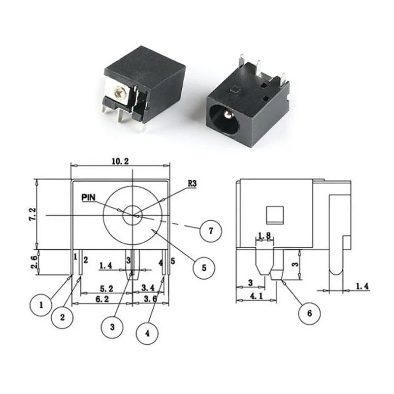 DC044 3-pin DC power connector showing 5.5×2.1mm jack plug for PCB mounting