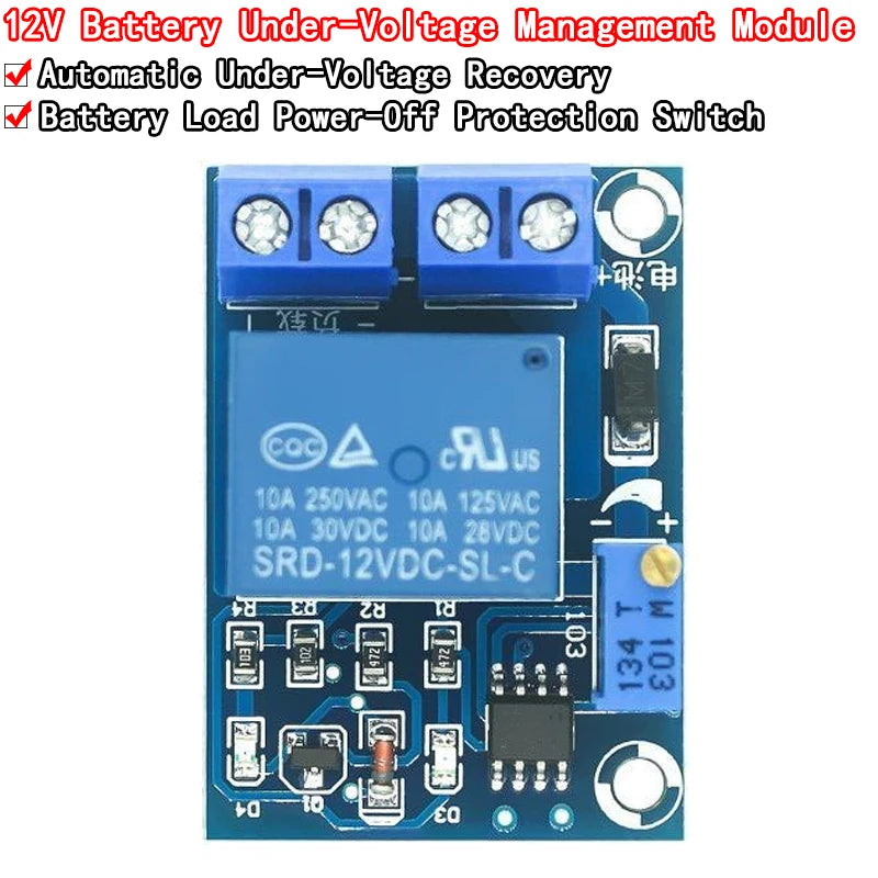 DC 12V battery protection module with undervoltage cut-off, automatic recovery, and charging controller for safe battery operation