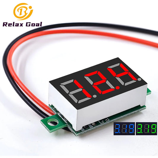 DC 4.5V to 30V mini digital two-wire voltmeter with 0.36 inch LED display in red, blue, or green for voltage testing and electronic DIY projects
