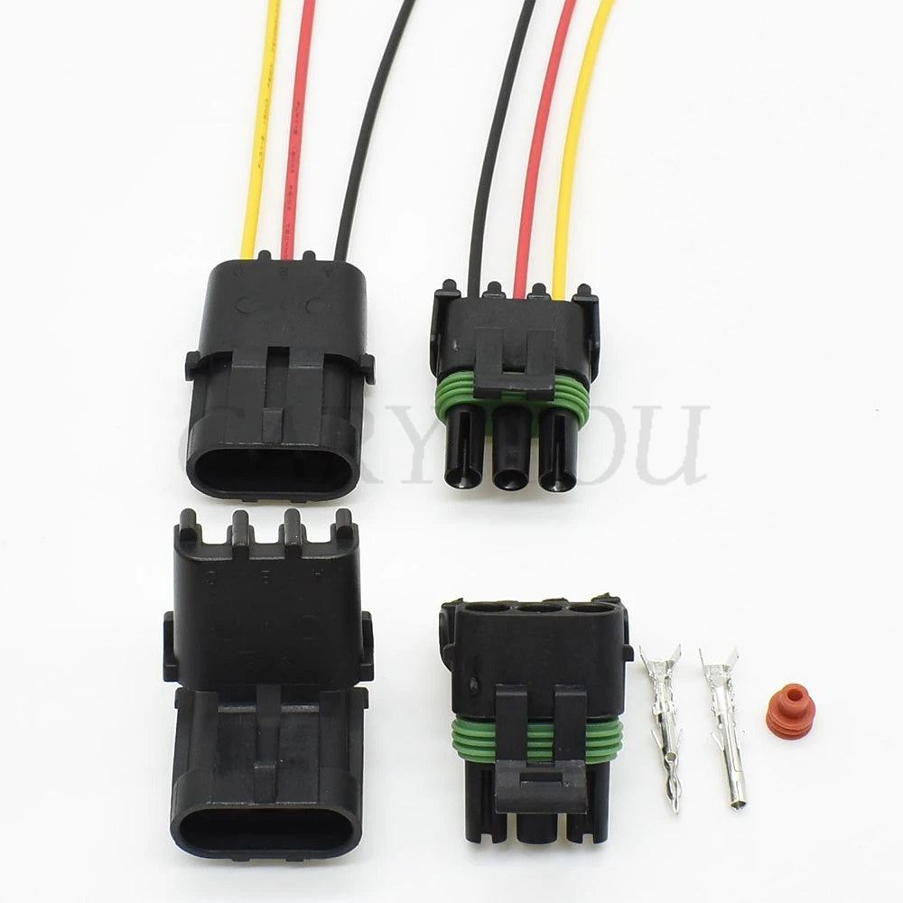 Detailed view of housing and wiring for Delphi Weather Pack 3-Pin waterproof connector 12020827 12020829 for automotive use