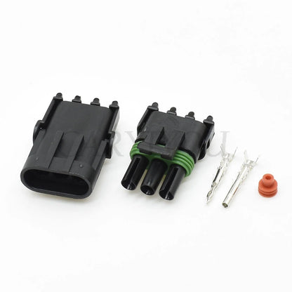 Delphi Weather Pack 3-Pin connector 12020827 12020829 installed in automotive injector wiring harness for secure electrical connections