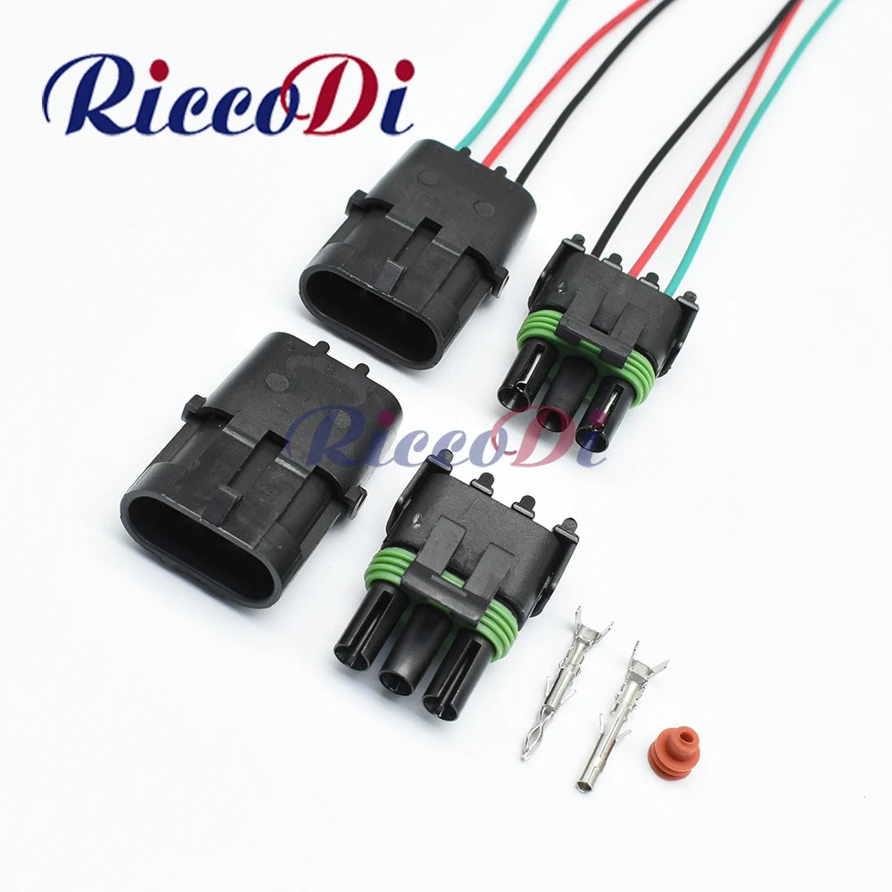 Delphi Weather Pack 3-Pin waterproof automotive connector 12020827 12020829 showing full view of male and female injector plug