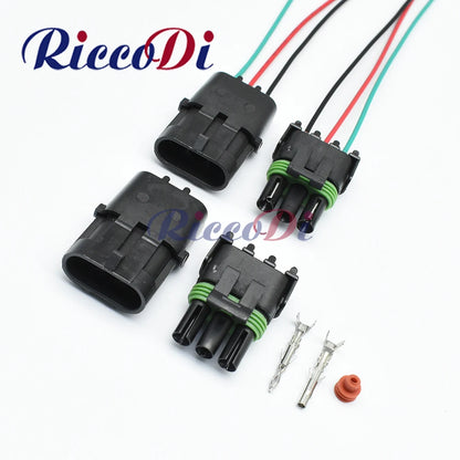 Delphi Weather Pack 3-Pin waterproof automotive connector 12020827 12020829 showing full view of male and female injector plug