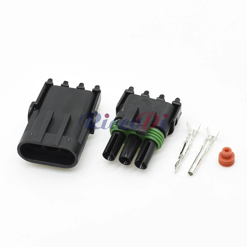 Close-up of 3-pin terminals on Delphi Weather Pack connector 12020827 12020829 for precise injector and automotive wiring connections
