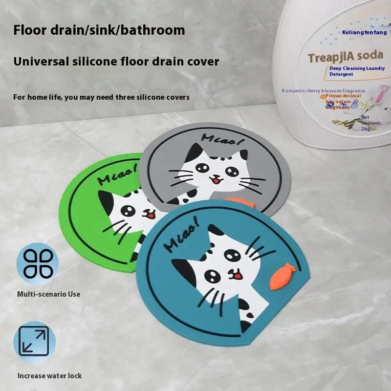Detailed view of silicone seal drain deodorizer mat with cat frog pattern