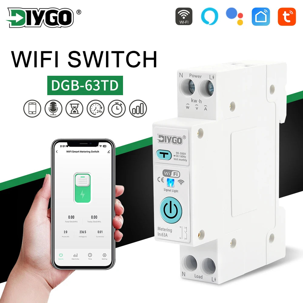 DGB-63TD Tuya WiFi smart switch with current and voltage metering, leakage protection, remote control, and wireless timer relay