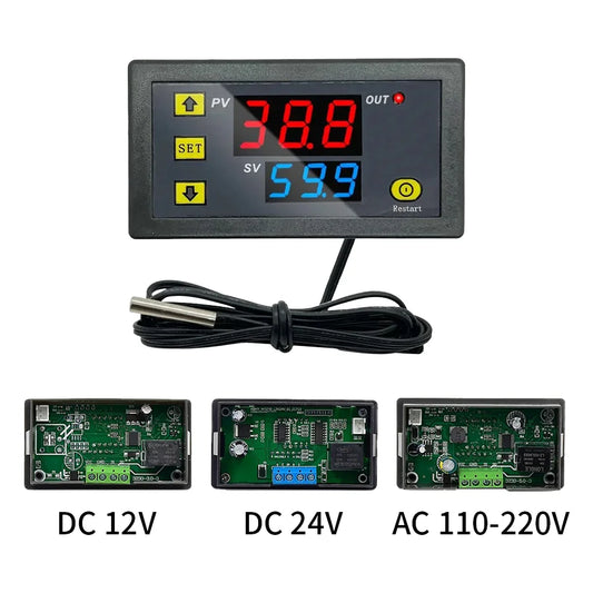 Digital LED temperature controller W3230 with high-precision probe for heating and cooling, compatible with DC 12V¨C24V and AC 110¨C220V applications