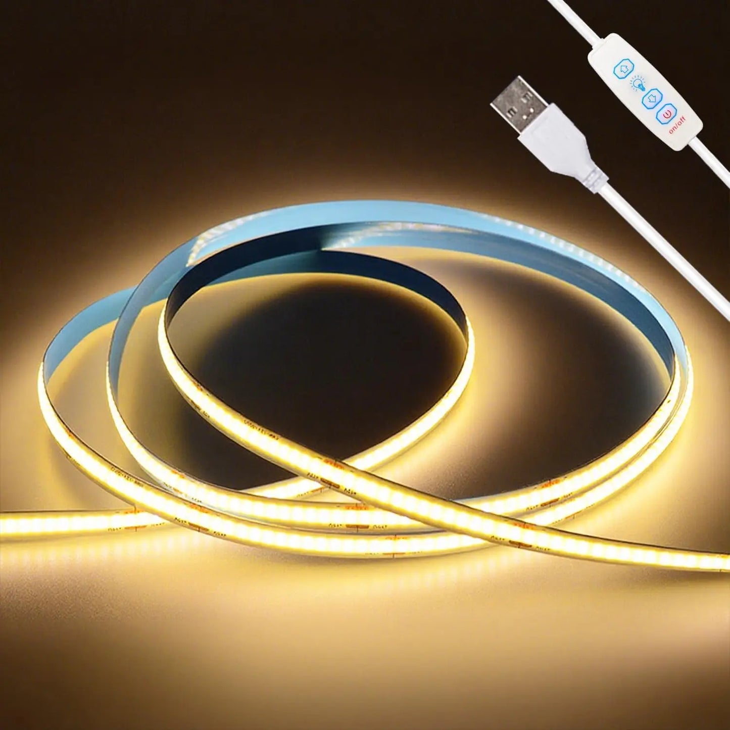 USB COB LED strip with 3-key dimmer control