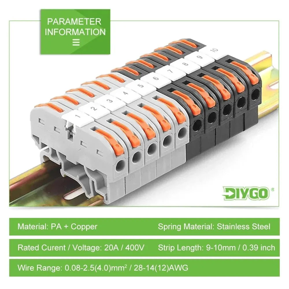 Set of 10PCS Din Rail terminal blocks with 211 wire, universal fast cable connectors and number strips