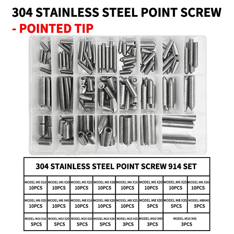 DIN914 304 stainless steel hex socket point grub screws set M3 M4 M5 M6 M8 M10 high hardness assortment