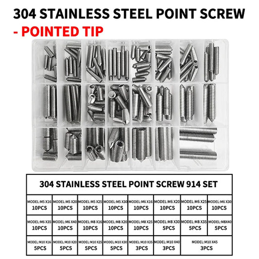 DIN914 304 stainless steel hex socket point grub screws set M3 M4 M5 M6 M8 M10 high hardness assortment