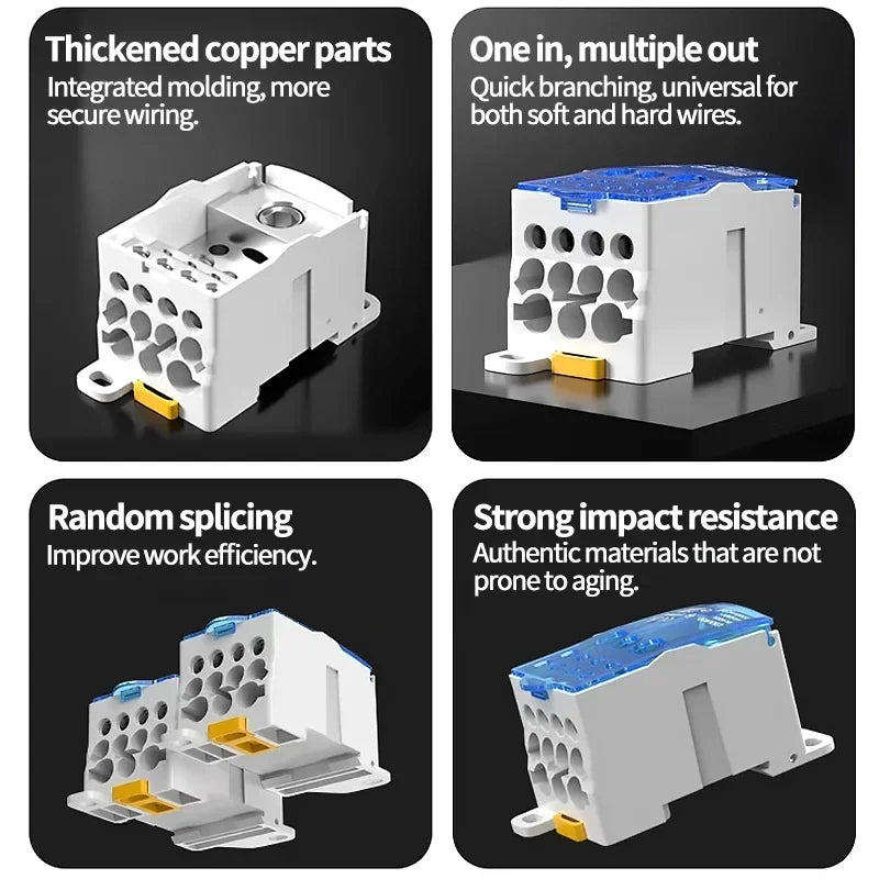 Structure of din rail distribution junction box with power wire electric connectors for UKK terminal block applications