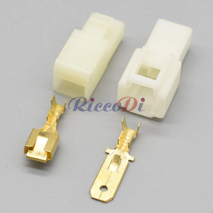 Close-up of male and female terminals on 6.3mm automotive cable plug connector showing secure connection