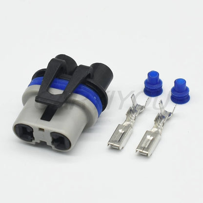 Overview of 2.8mm 2 pin male and female connector plug showing full assembly for automotive wiring
