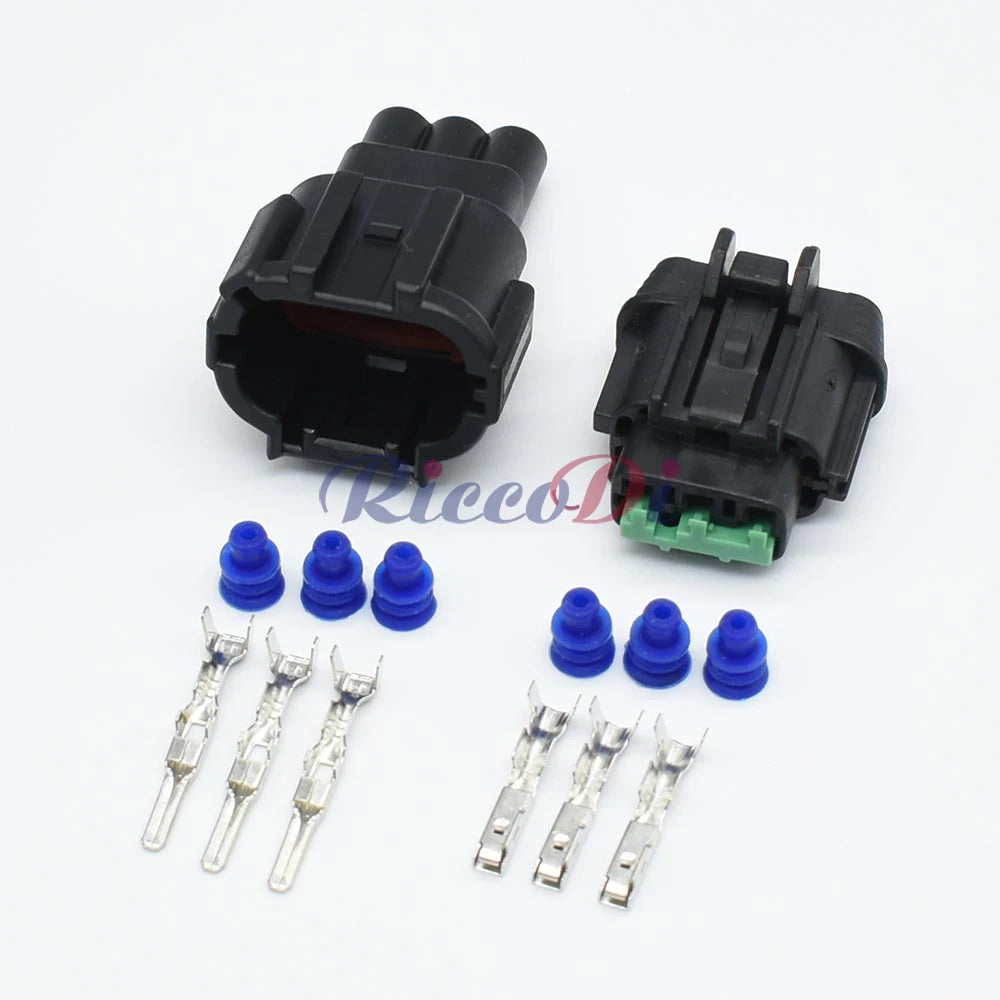 Close-up of DJ7039A-2.2-11 21 3 pin auto wiring harness connector plug terminals male female plastic housing