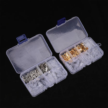 Set of gold and silver docking terminal cable, bare terminal with spring insert sheath, male and female pair terminal box