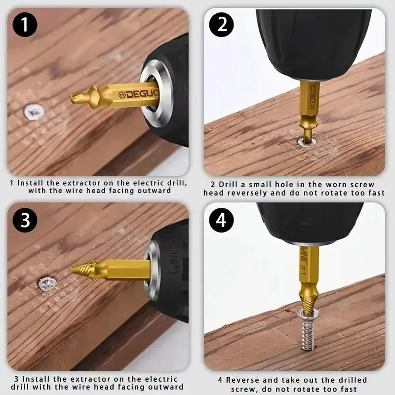 Drill bit screw extractor set for metal and woodworking repairs