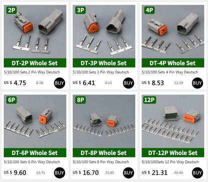 Deutsch DT series 12-pin waterproof connector used in automotive wiring, male and female plugs for 16–22 AWG cables