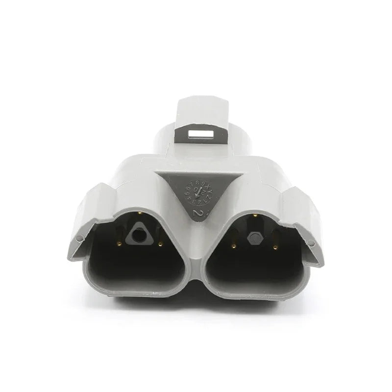 Close-up of Deutsch DT series 3-pin waterproof connector housing, flame retardant, 3-way wire plug for automotive wiring
