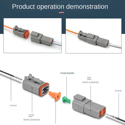 Deutsch DT series 8-pin waterproof connector showing male and female plugs for automotive wiring, compatible with 16–22 AWG wires